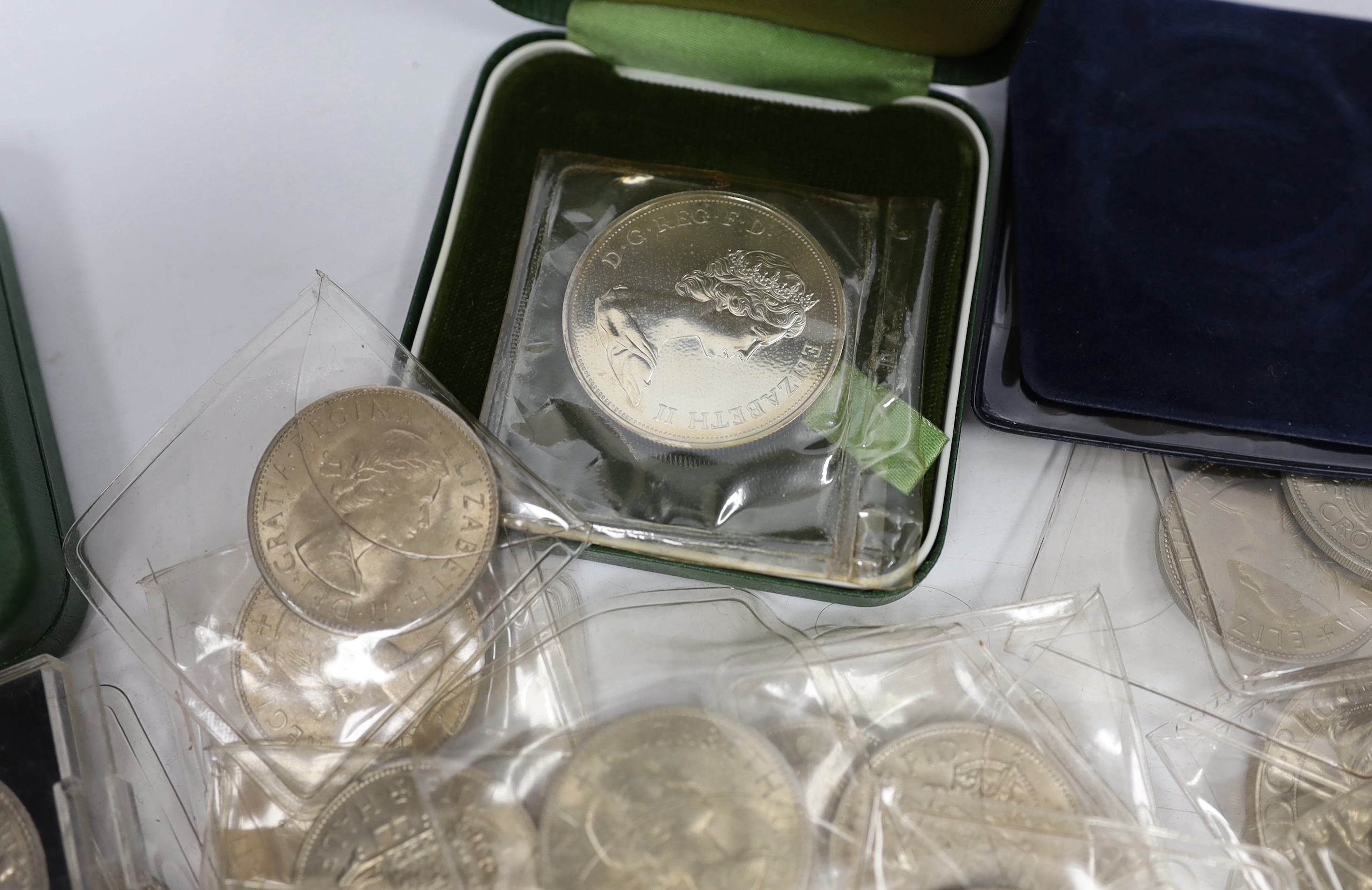 A group of assorted coins including half crowns, five shillings etc